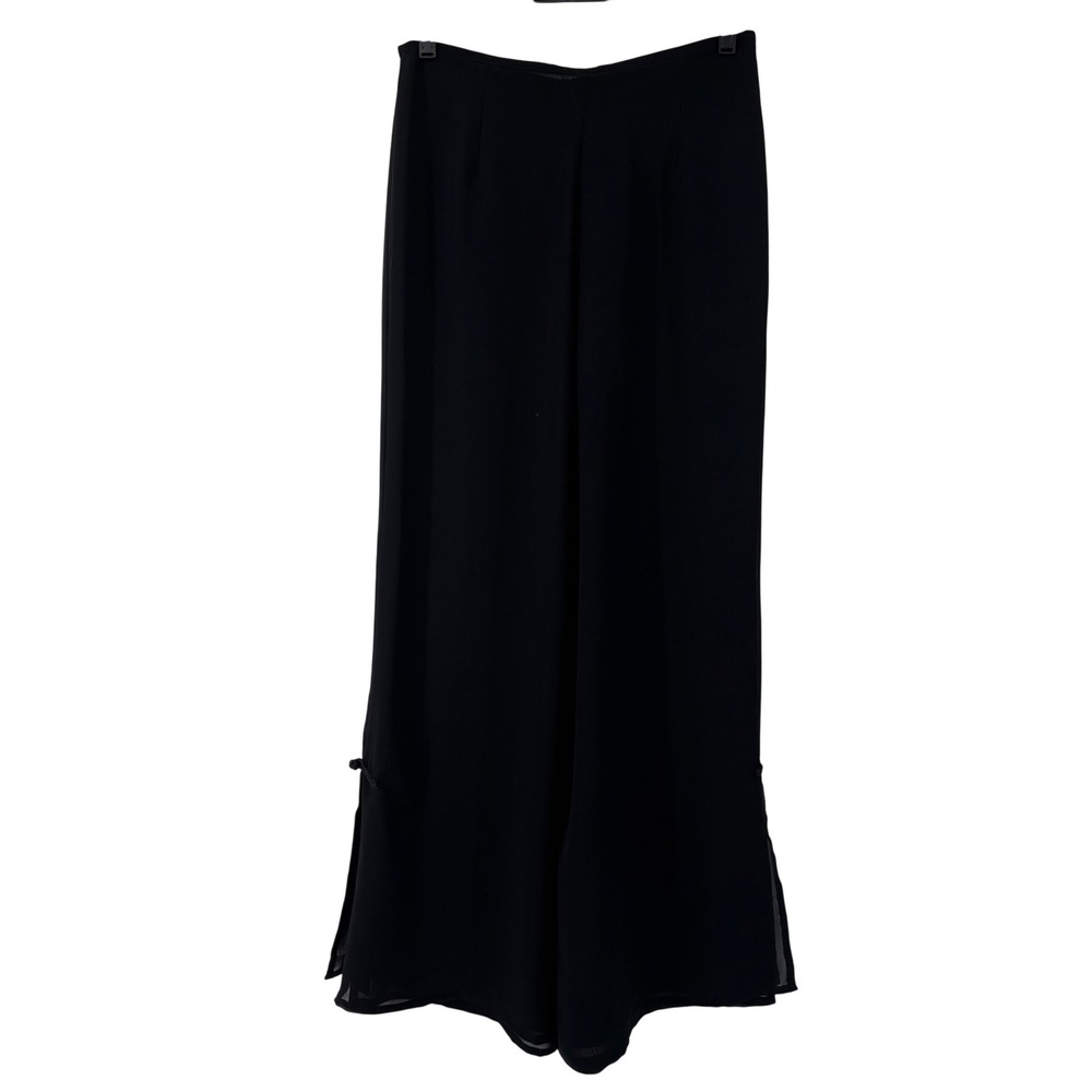 Womens Black Wide Leg Chiffon Pants Frog Button Side Slit High Rise Large